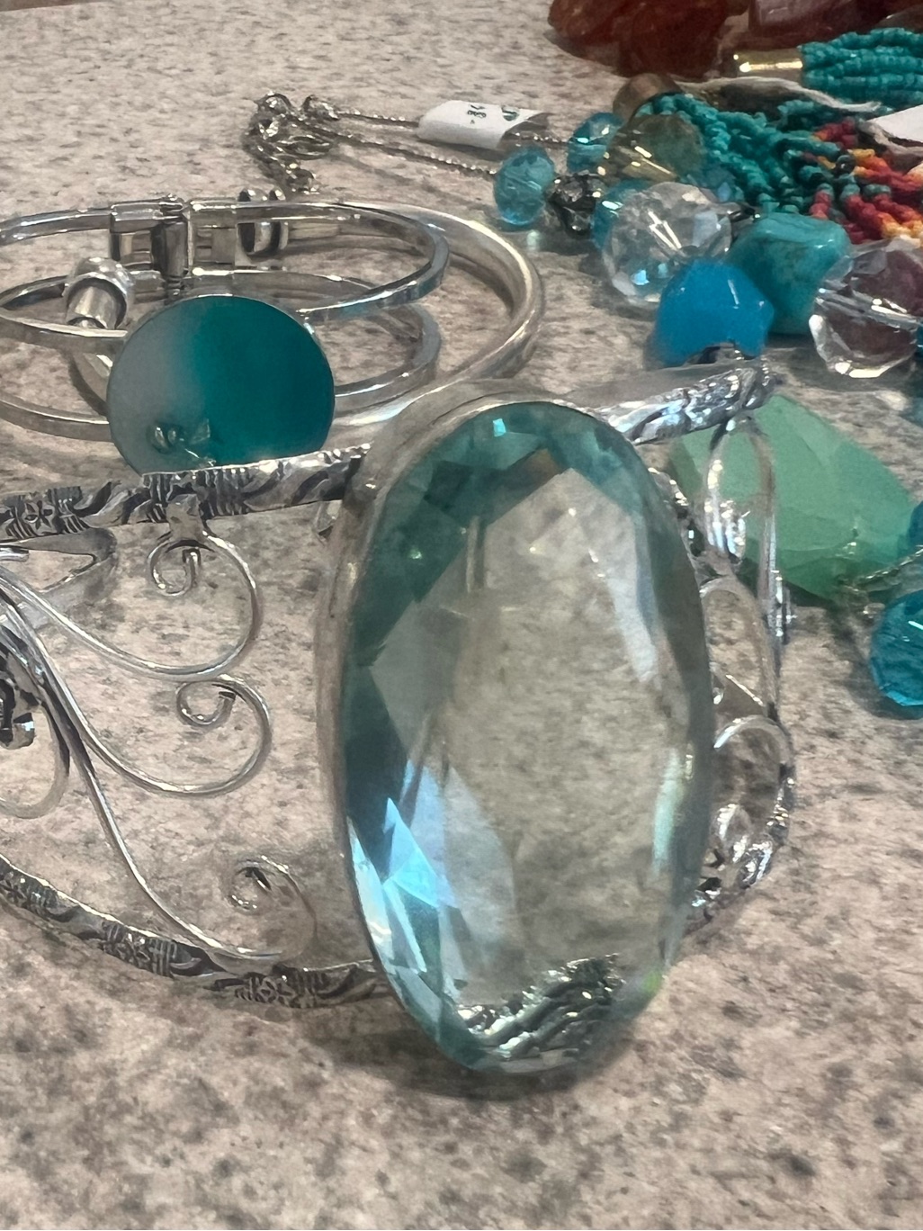Wowza!!! Filigree Cuff Bracelet With Beautiful Extra Large Aqua Blue Crystal